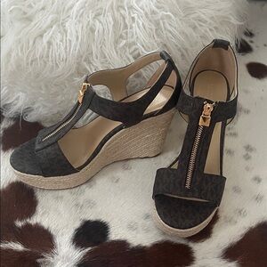 Michael Kors Brown Logo Espadrille Wedge Sandals with Gold Zipper